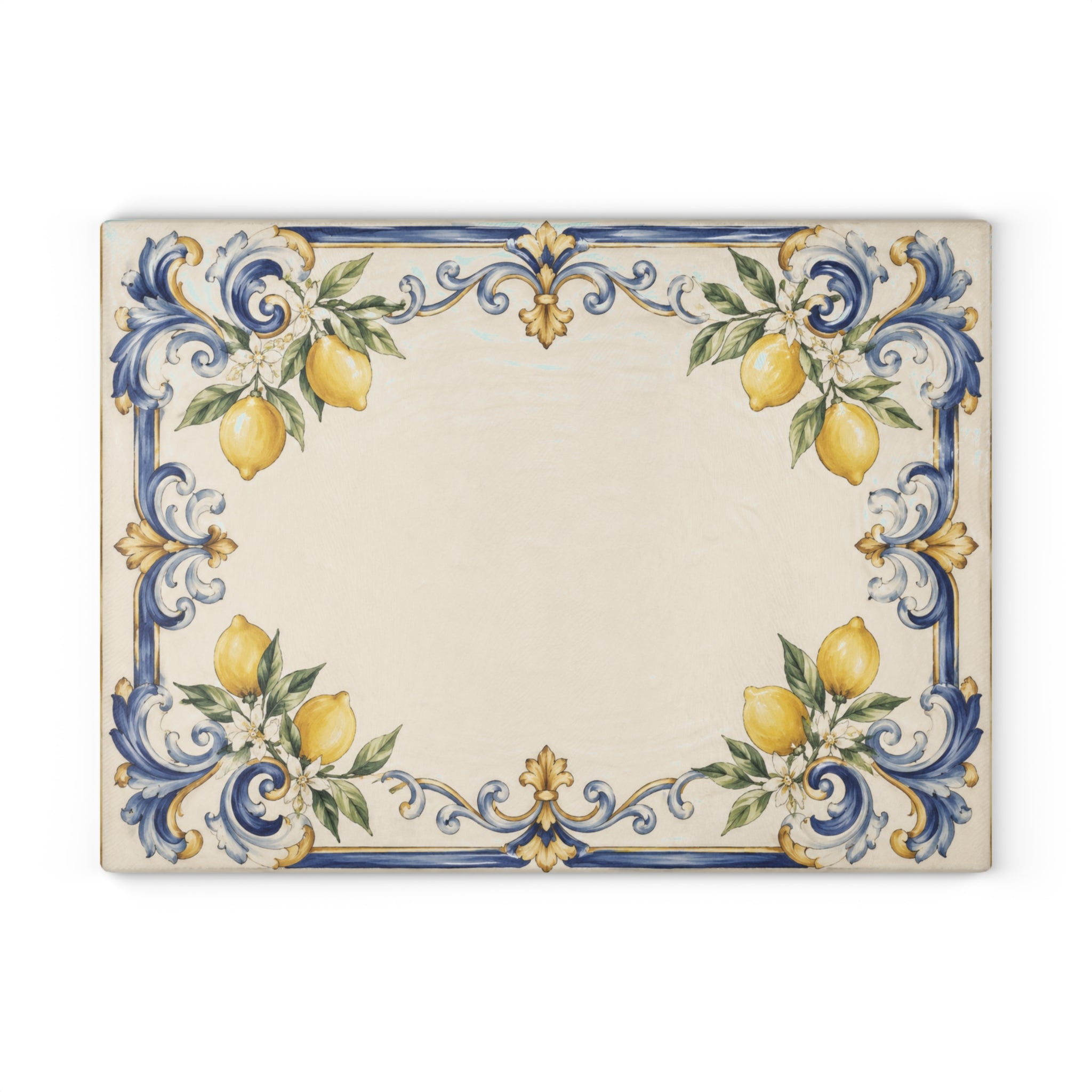 Elegant Italian glass charcuterie board styled on white marble counter with wine and fresh lemons