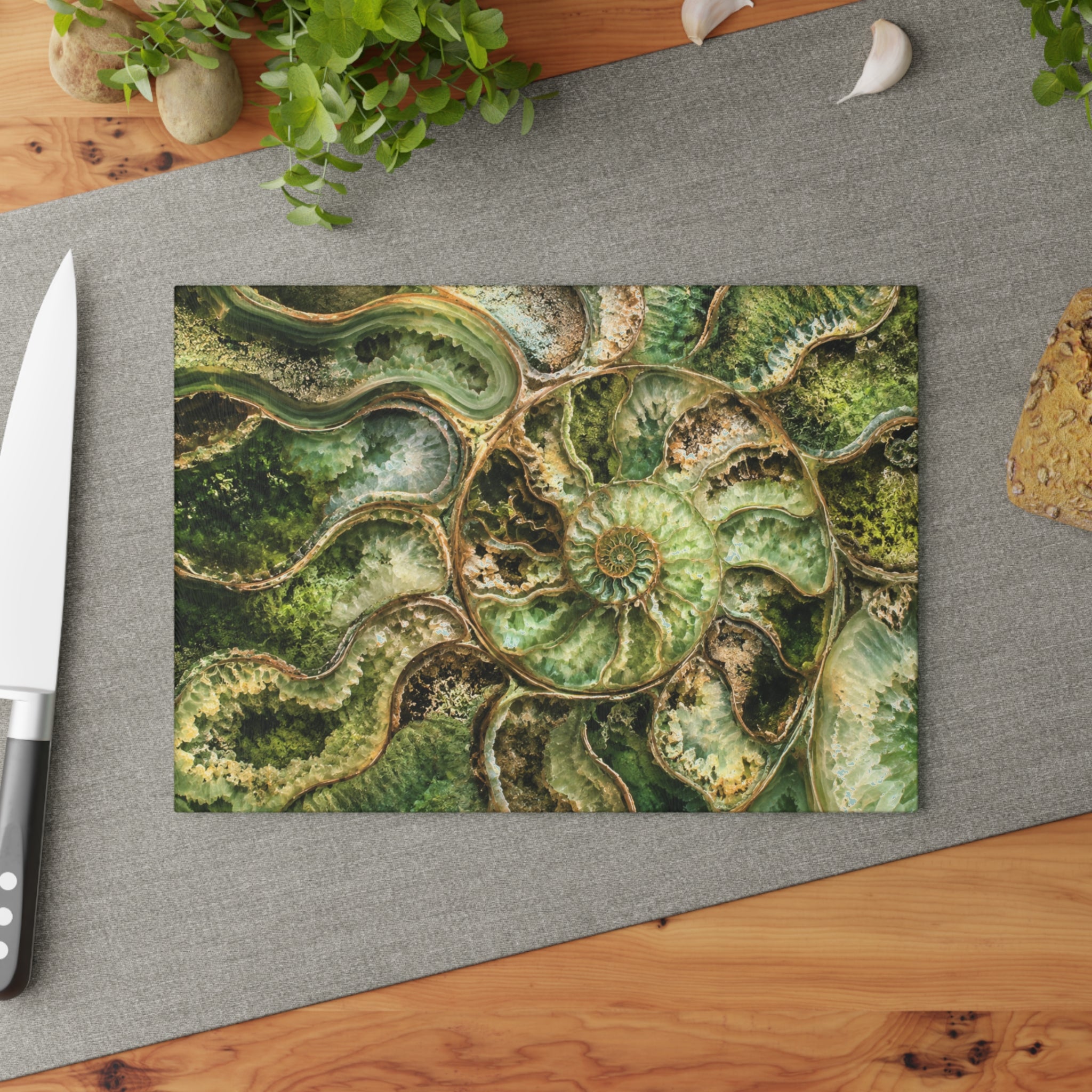 Ammonite Fossil Glass Serving Board