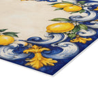 Closeup of cobalt blue majolica tile with Amalfi lemons and gold accents permanently fired on glass board