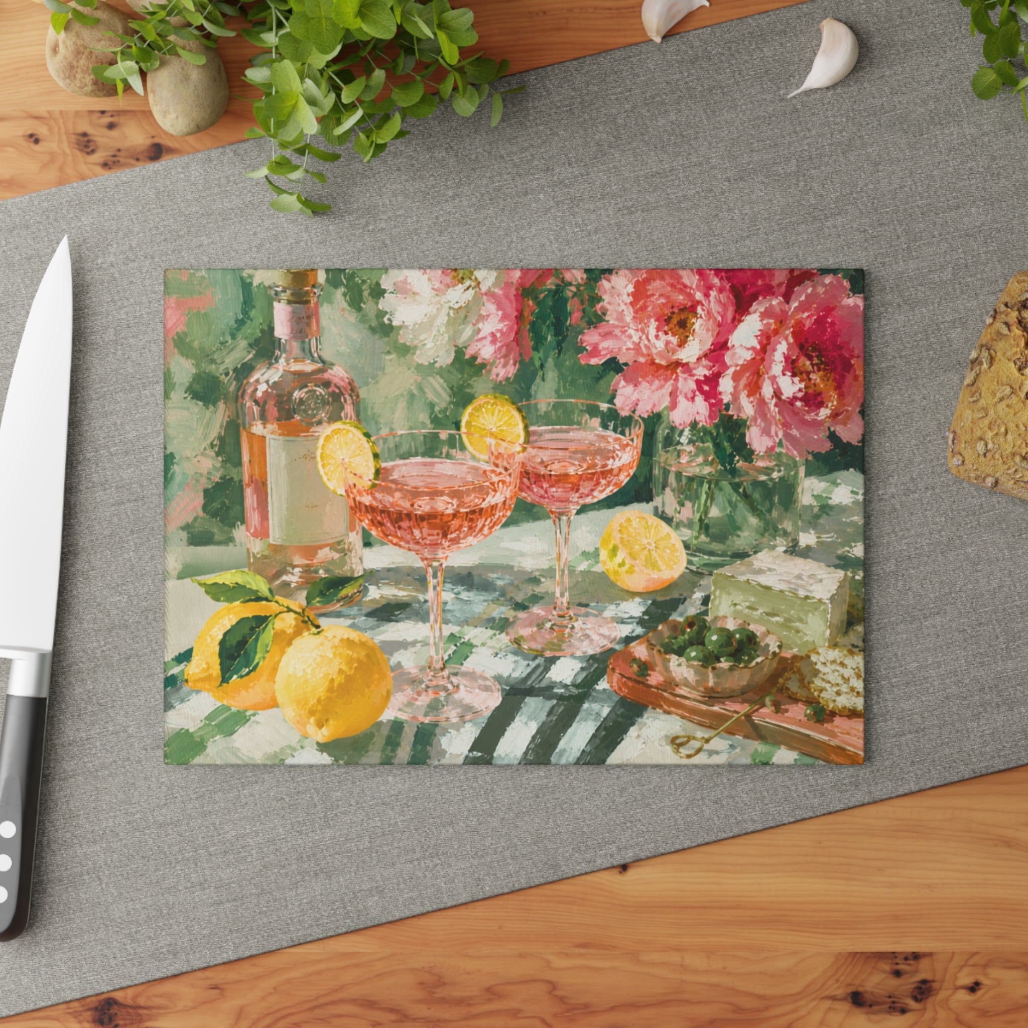 Pink Peony Floral Glass Charcuterie Board — Italian Style Gift for Mom & Hostess
