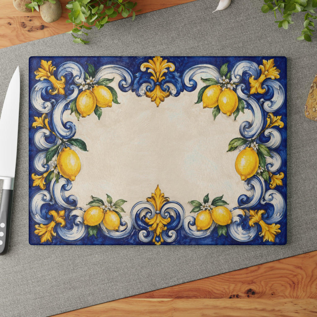 Bold Italian tile glass serving board styled as hostess gift with Mediterranean table setting glass cutting board