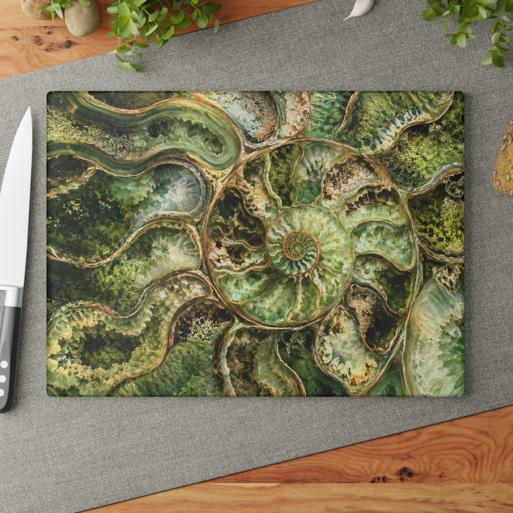 Ammonite Fossil Glass Serving Board
