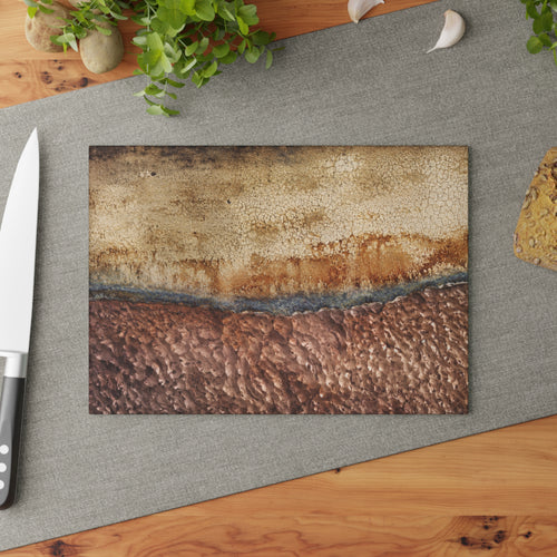 Earth Tone Abstract Glass Serving Board — Rustic Brown & Beige Kitchen Decor
