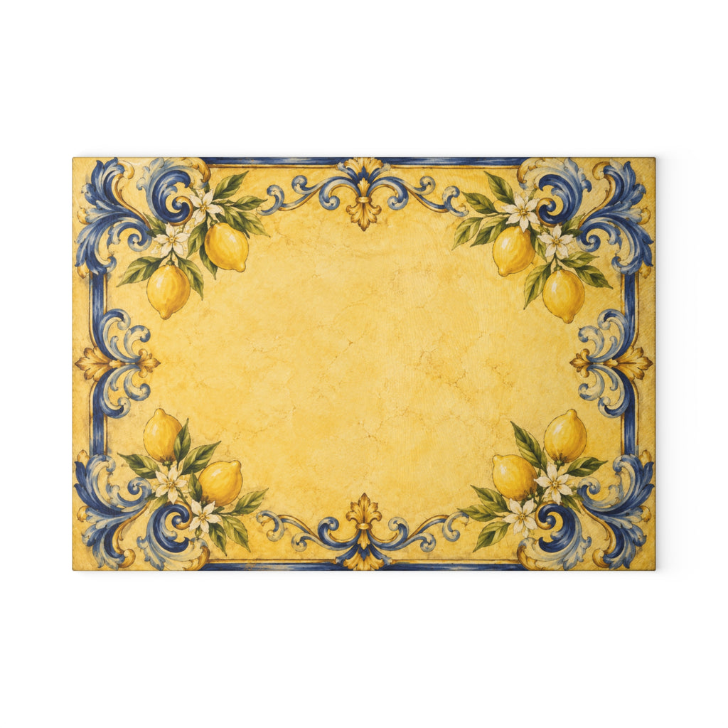 Sicilian lemon majolica glass serving board — cobalt blue baroque scrollwork and lemons on golden tile, tempered glass, made in USA