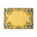 Sicilian lemon majolica glass serving board — cobalt blue baroque scrollwork and lemons on golden tile, tempered glass, made in USA