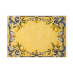 Sicilian lemon majolica glass serving board — cobalt blue baroque scrollwork and lemons on golden tile, tempered glass, made in USA