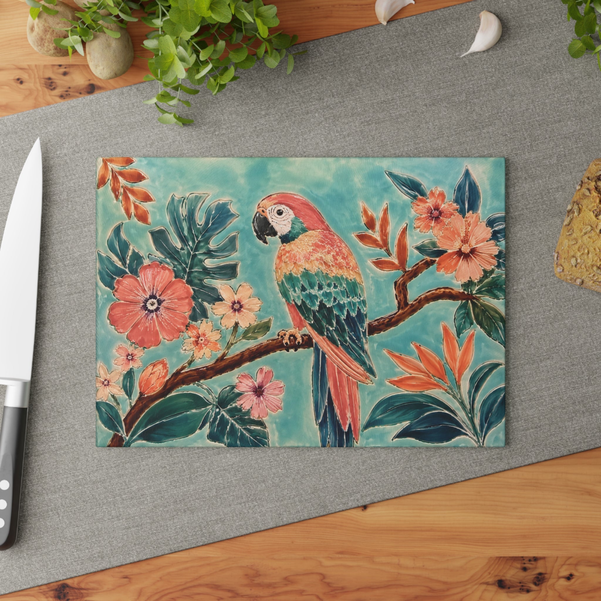 Tropical Parrot Glass Serving Board