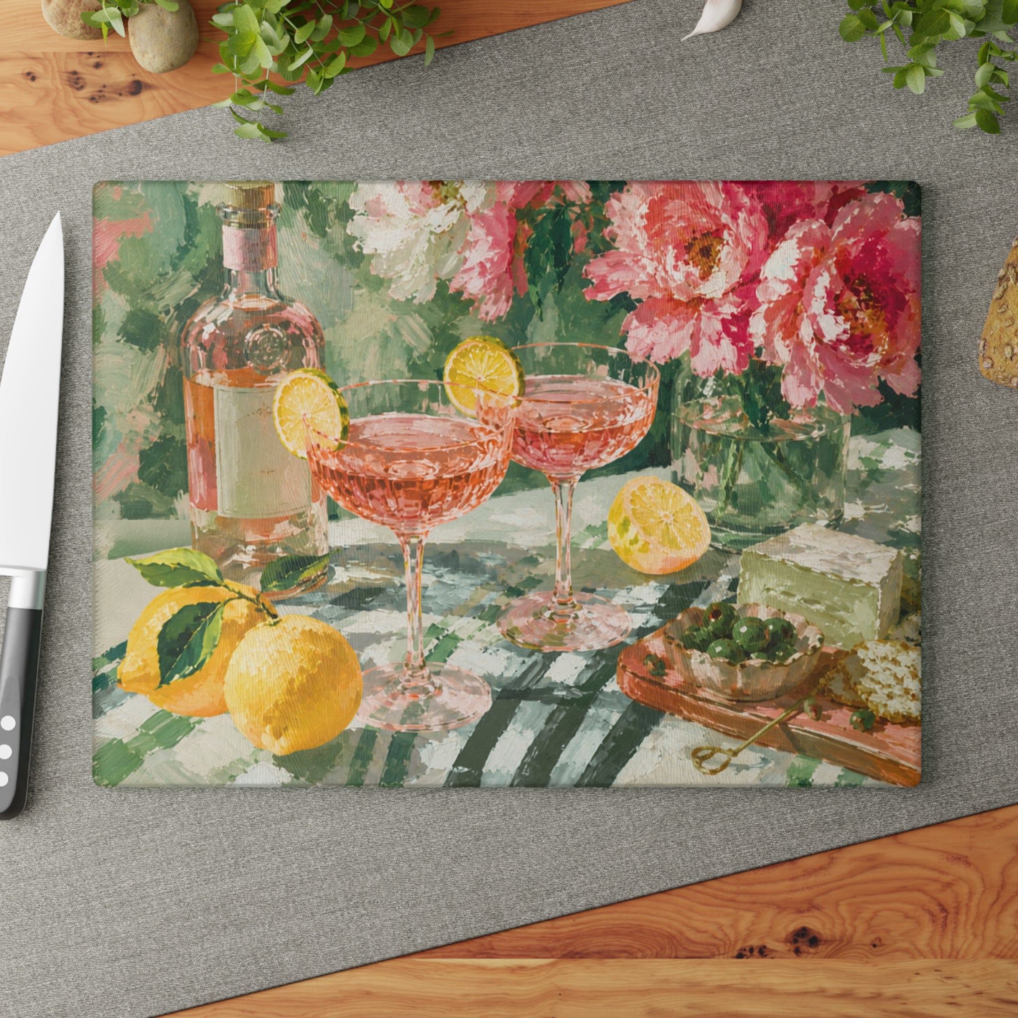 Pink Peony Floral Glass Charcuterie Board — Italian Style Gift for Mom & Hostess