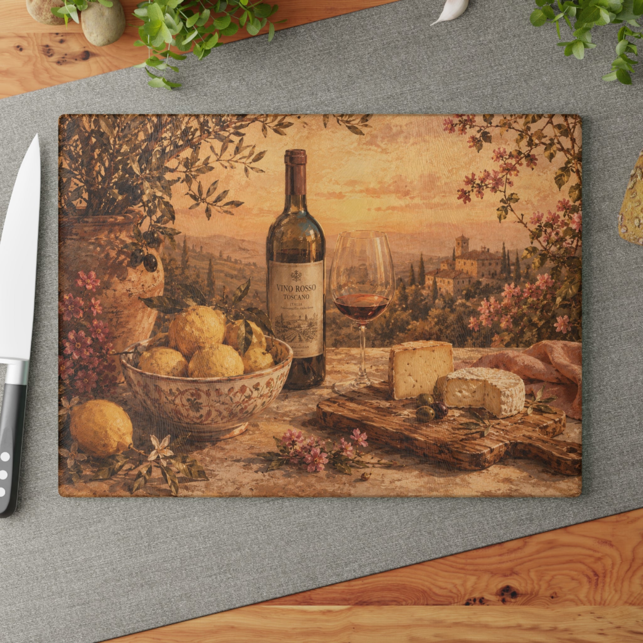Tuscan Vineyard Glass Serving Board — Italian Wine & Cheese Charcuterie Tray