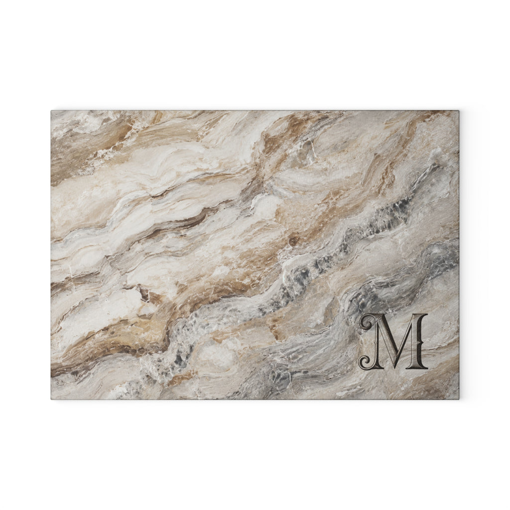 Personalized monogram glass serving board — marble-inspired design with custom initial, made in USA