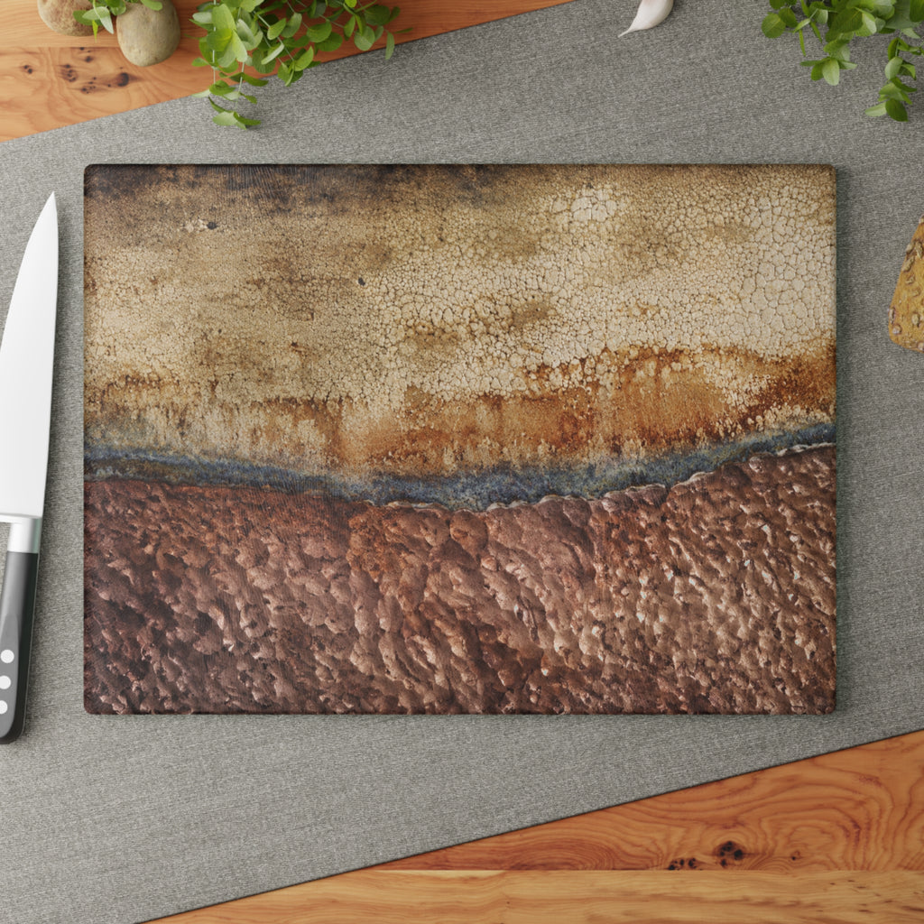 Earth Tone Abstract Glass Serving Board — Rustic Brown & Beige Kitchen Decor