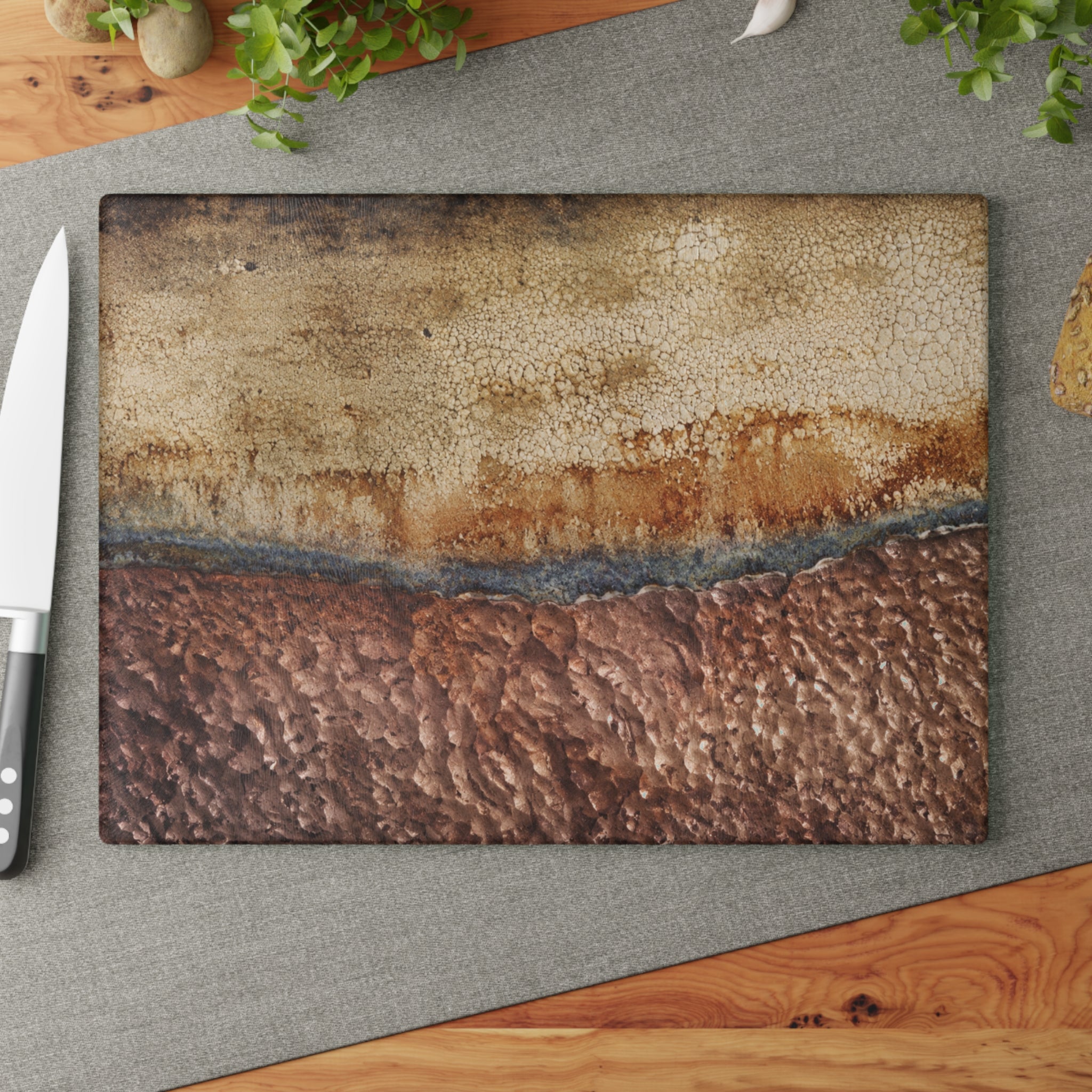 Earth Tone Abstract Glass Serving Board — Rustic Brown & Beige Kitchen Decor