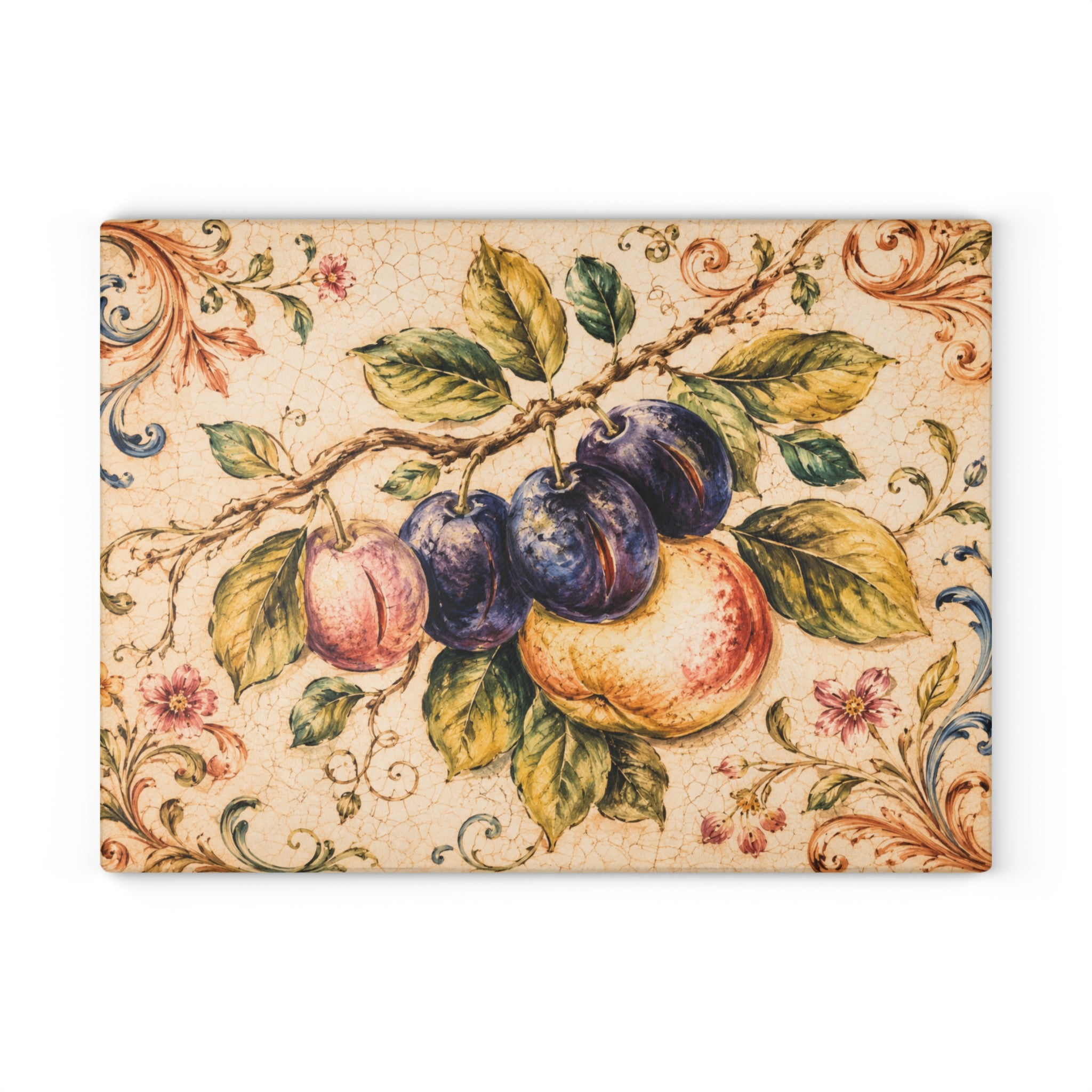 Old world Italian fruit glass board styled on rustic wood counter with wine and cheese
