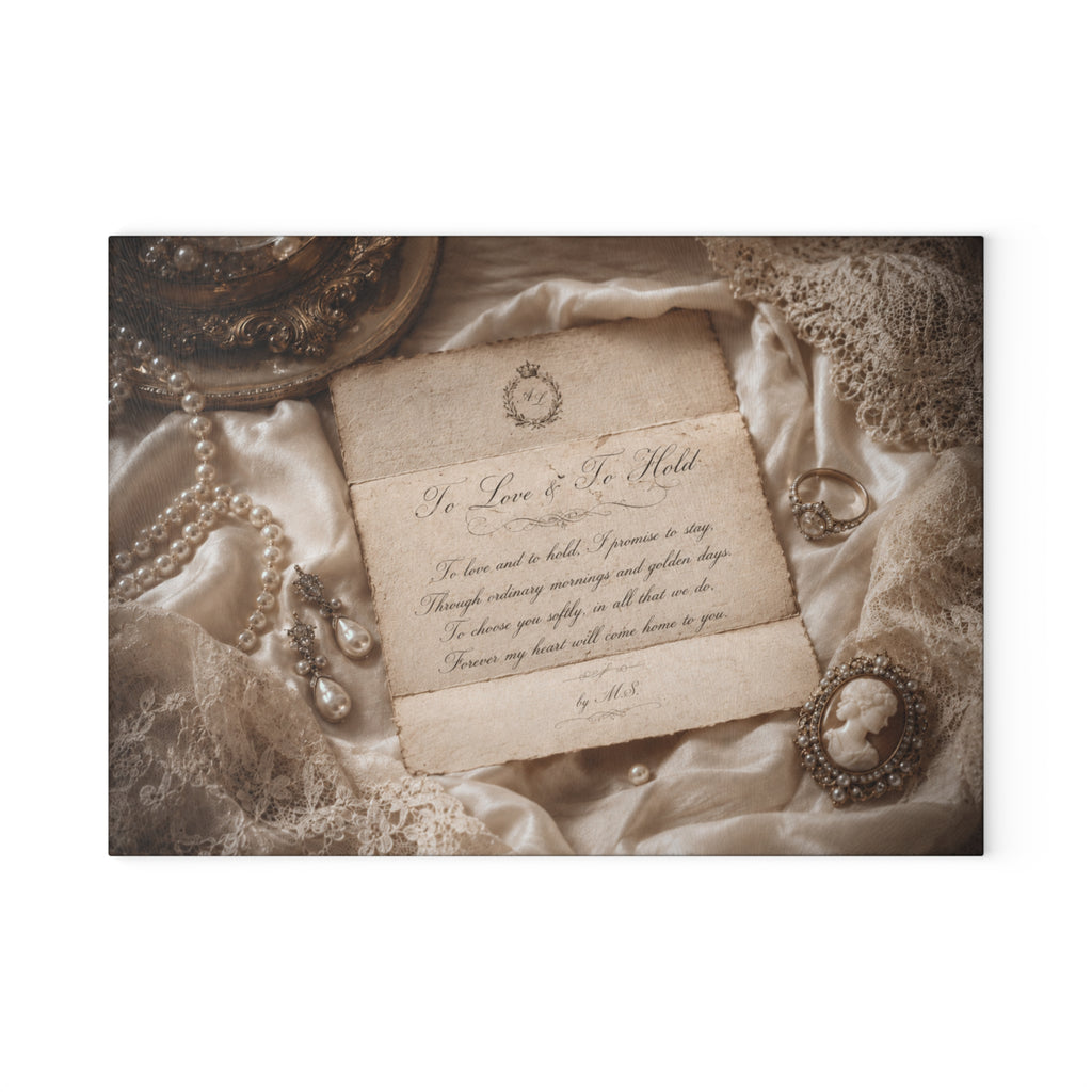 To Love and To Hold personalized wedding vow card on aged parchment with pearls lace and vintage jewelry — romantic bridal keepsake gift