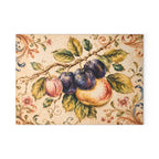 Italian majolica fruit glass serving board — vintage plum peach and botanical scrollwork on crackled parchment, tempered glass, made in USA