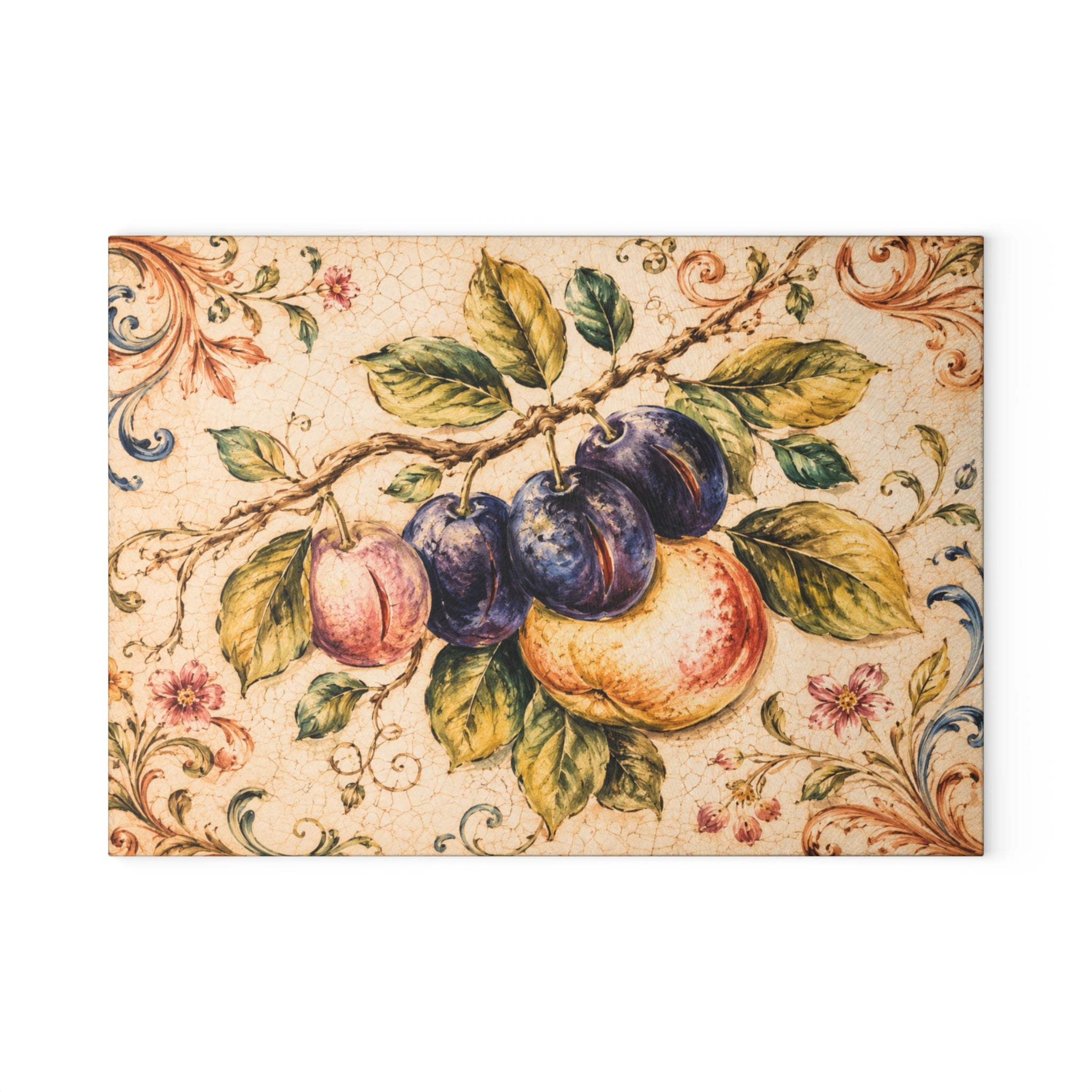 Italian majolica fruit glass serving board — vintage plum peach and botanical scrollwork on crackled parchment, tempered glass, made in USA