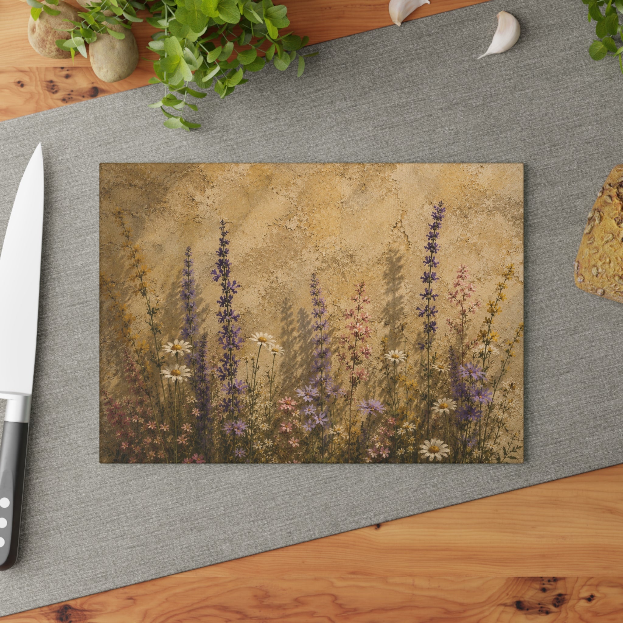 Lavender Wildflower Glass Cheese Board — Cottage Kitchen Gift for Her