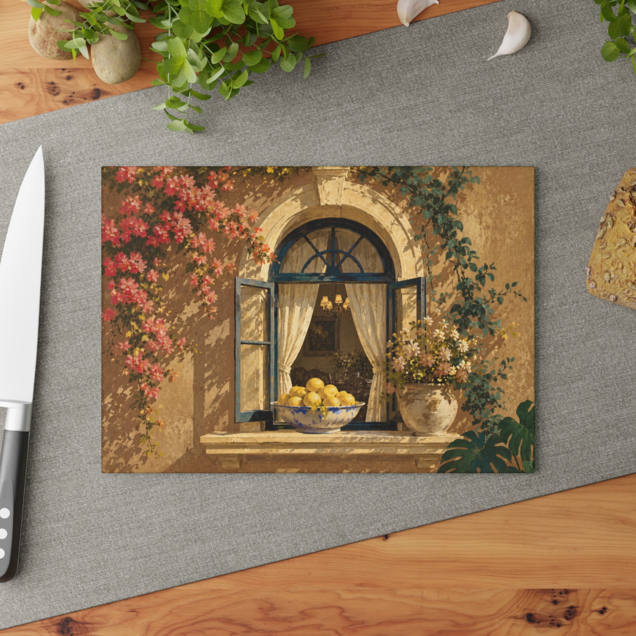 Mediterranean Window Glass Serving Board — Amalfi Lemon & Bougainvillea Kitchen Decor