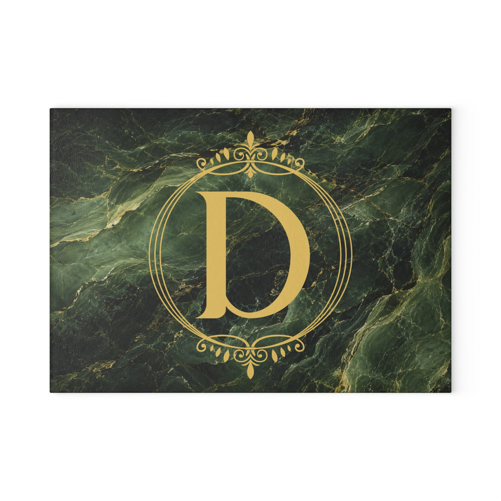 Emerald Marble Monogram Glass Cutting Board — Personalized Housewarming & Wedding Gift