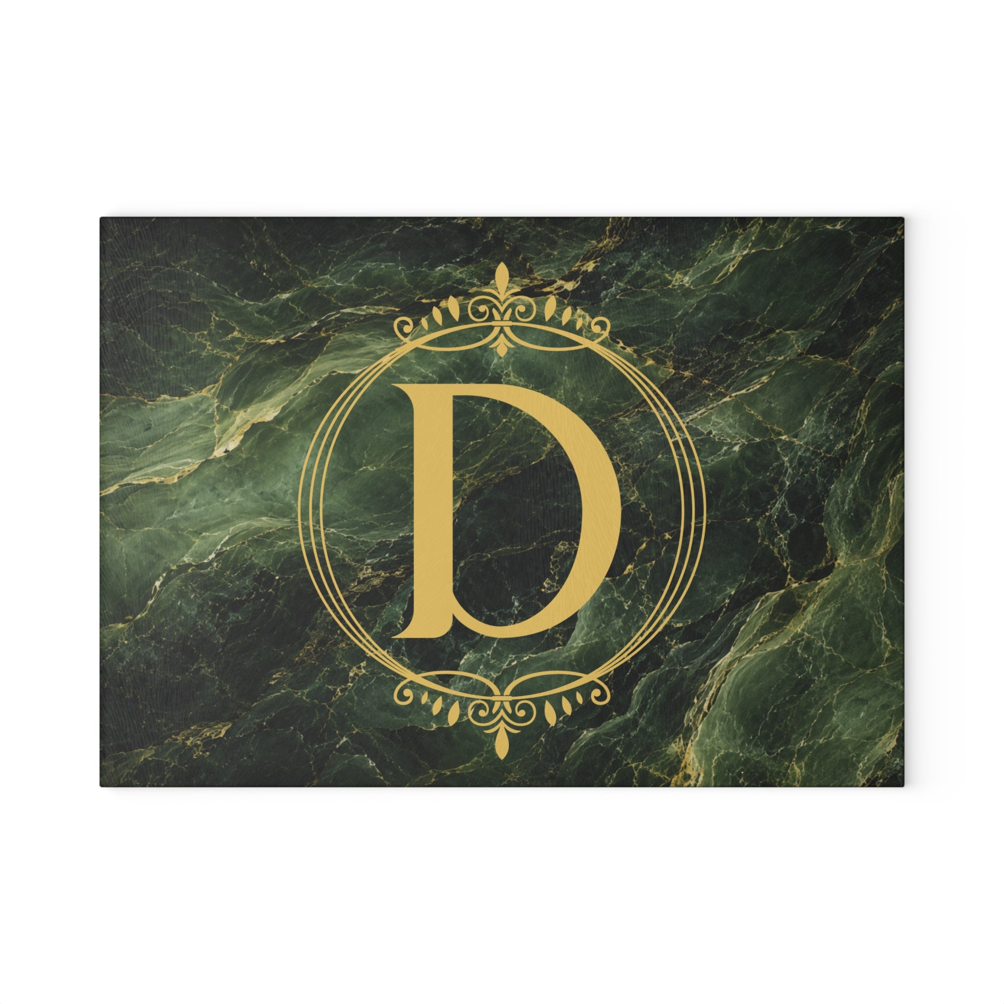 Emerald Marble Monogram Glass Cutting Board — Personalized Housewarming & Wedding Gift
