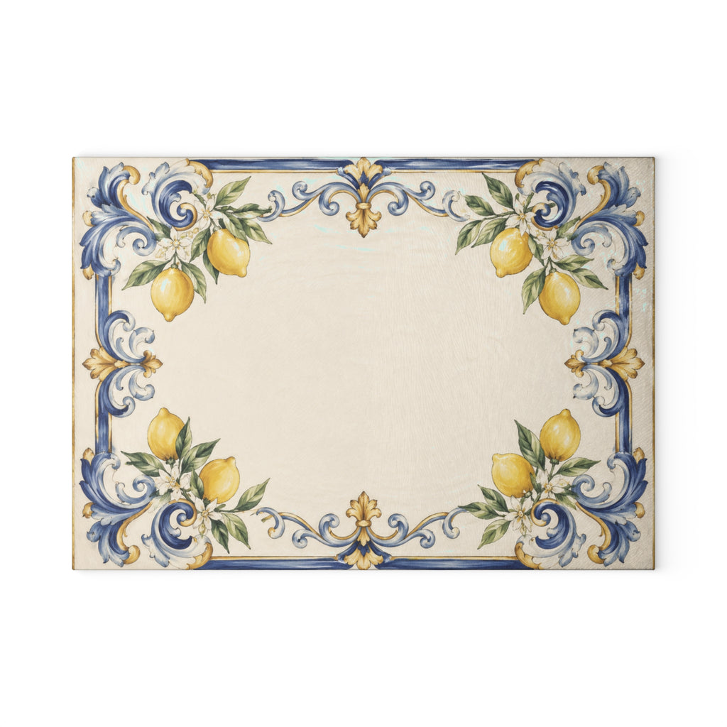 Positano lemon glass serving board — soft blue baroque scrollwork and lemons on ivory majolica tile, tempered glass, made in USA