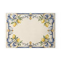 Positano lemon glass serving board — soft blue baroque scrollwork and lemons on ivory majolica tile, tempered glass, made in USA
