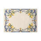 Positano lemon glass serving board — soft blue baroque scrollwork and lemons on ivory majolica tile, tempered glass, made in USA