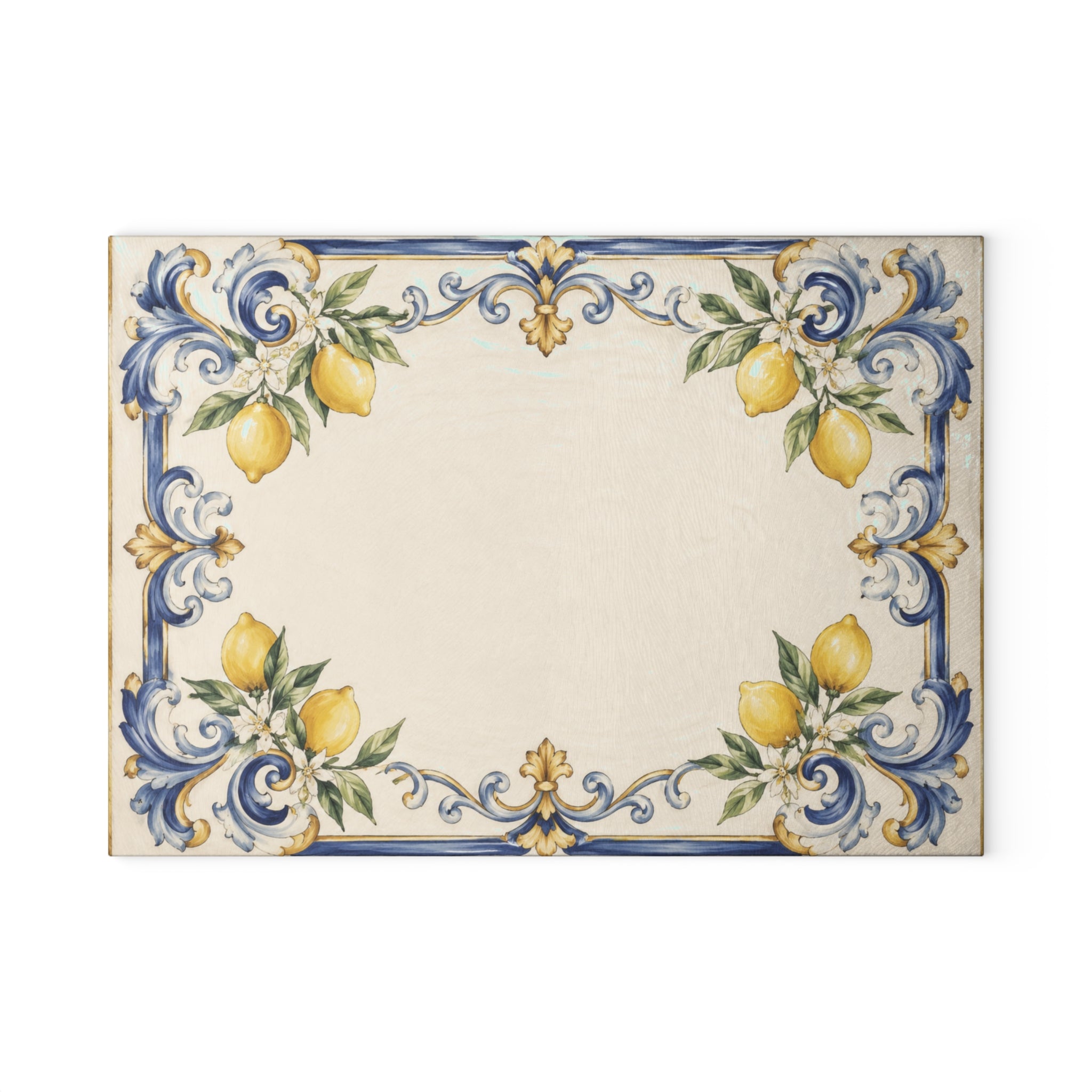 Positano lemon glass serving board — soft blue baroque scrollwork and lemons on ivory majolica tile, tempered glass, made in USA