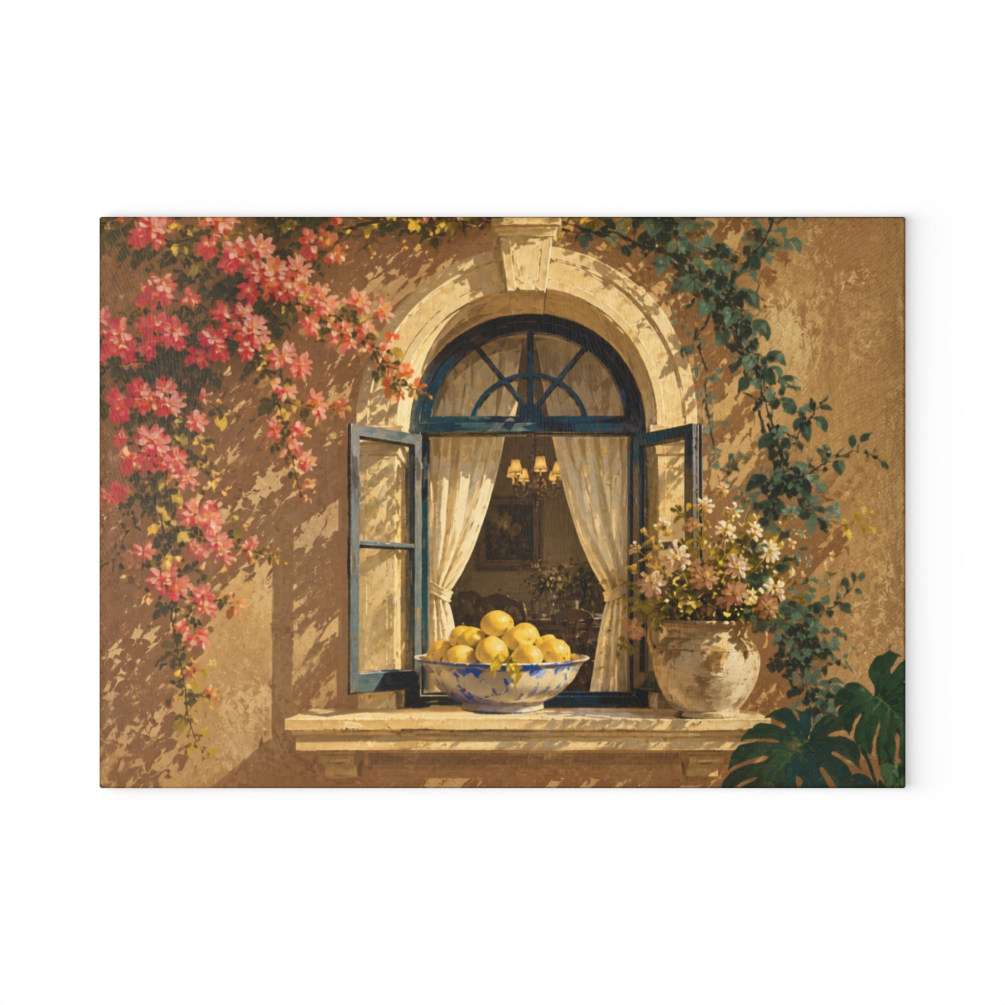 Mediterranean Window Glass Serving Board — Amalfi Lemon & Bougainvillea Kitchen Decor