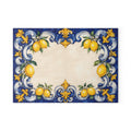 Amalfi lemon tile glass serving board — bold cobalt blue majolica with gold fleur-de-lis, tempered glass, made in USA