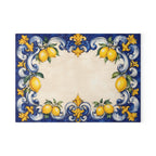 Amalfi lemon tile glass serving board — bold cobalt blue majolica with gold fleur-de-lis, tempered glass, made in USA