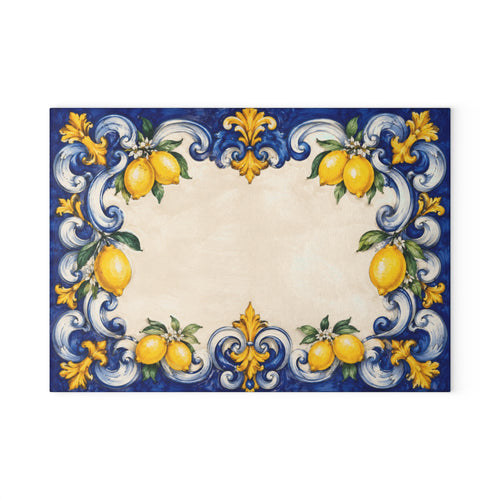 Amalfi lemon tile glass serving board — bold cobalt blue majolica with gold fleur-de-lis, tempered glass, made in USA