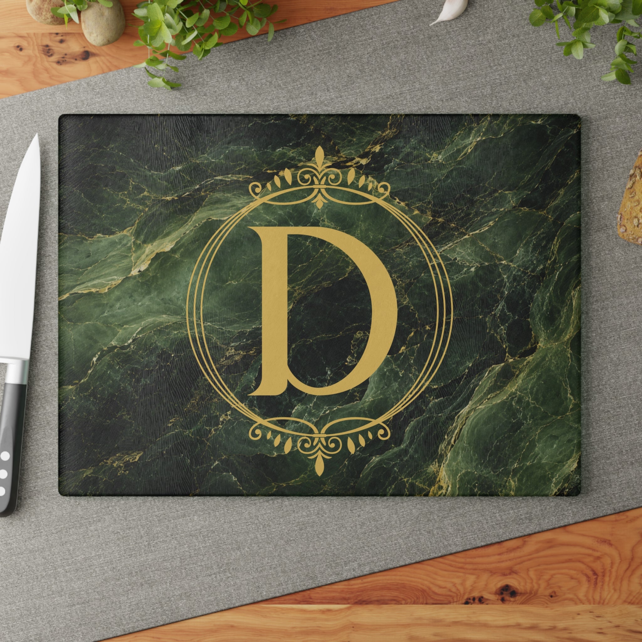 Emerald Marble Monogram Glass Cutting Board — Personalized Housewarming & Wedding Gift