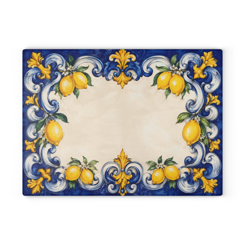 Italian blue and yellow glass charcuterie board styled on kitchen counter with wine and fresh lemons