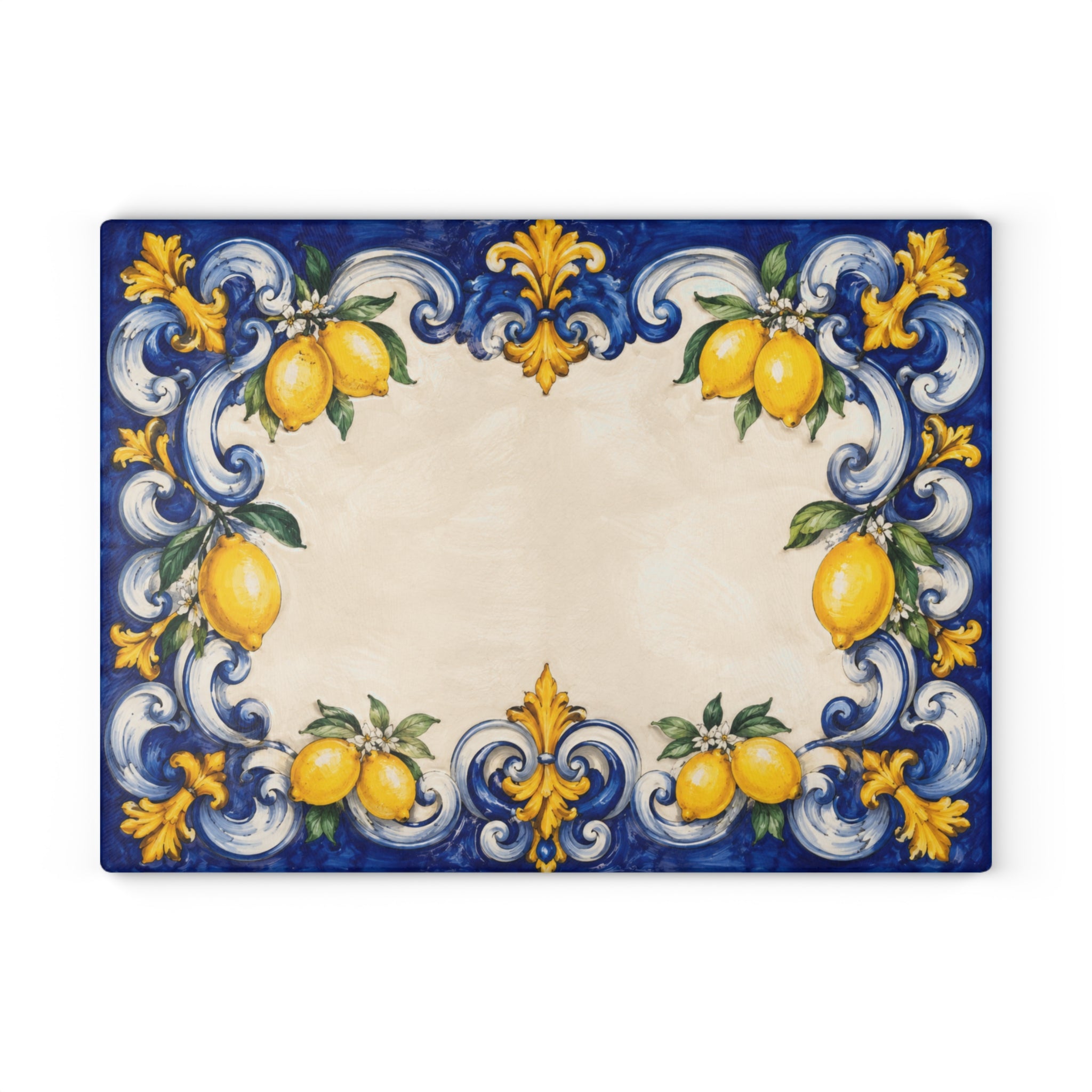 Italian blue and yellow glass charcuterie board styled on kitchen counter with wine and fresh lemons