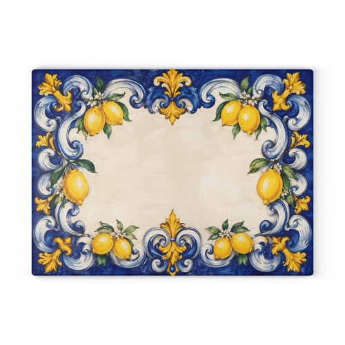 Italian blue and yellow glass charcuterie board styled on kitchen counter with wine and fresh lemons