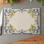 Soft Italian tile glass serving board styled as elegant hostess gift with Mediterranean linen setting glass cutting board from tempered glass with designof lemons