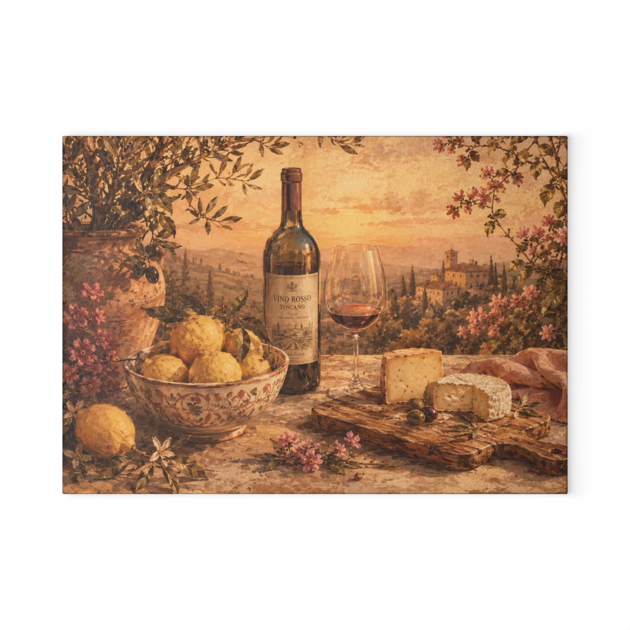 Tuscan Vineyard Glass Serving Board — Italian Wine & Cheese Charcuterie Tray