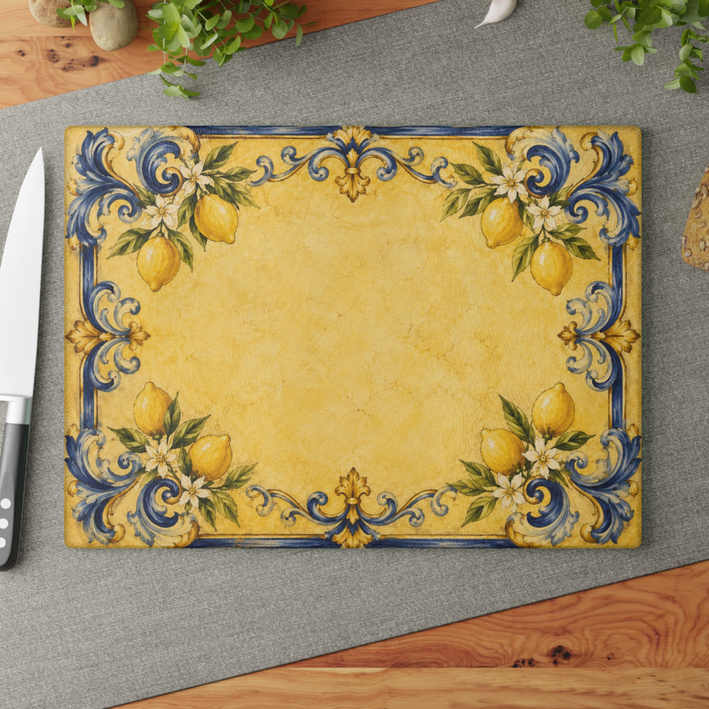 Italian tile glass serving board styled as hostess gift with olive oil herbs and wine