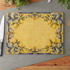 Italian tile glass serving board styled as hostess gift with olive oil herbs and wine