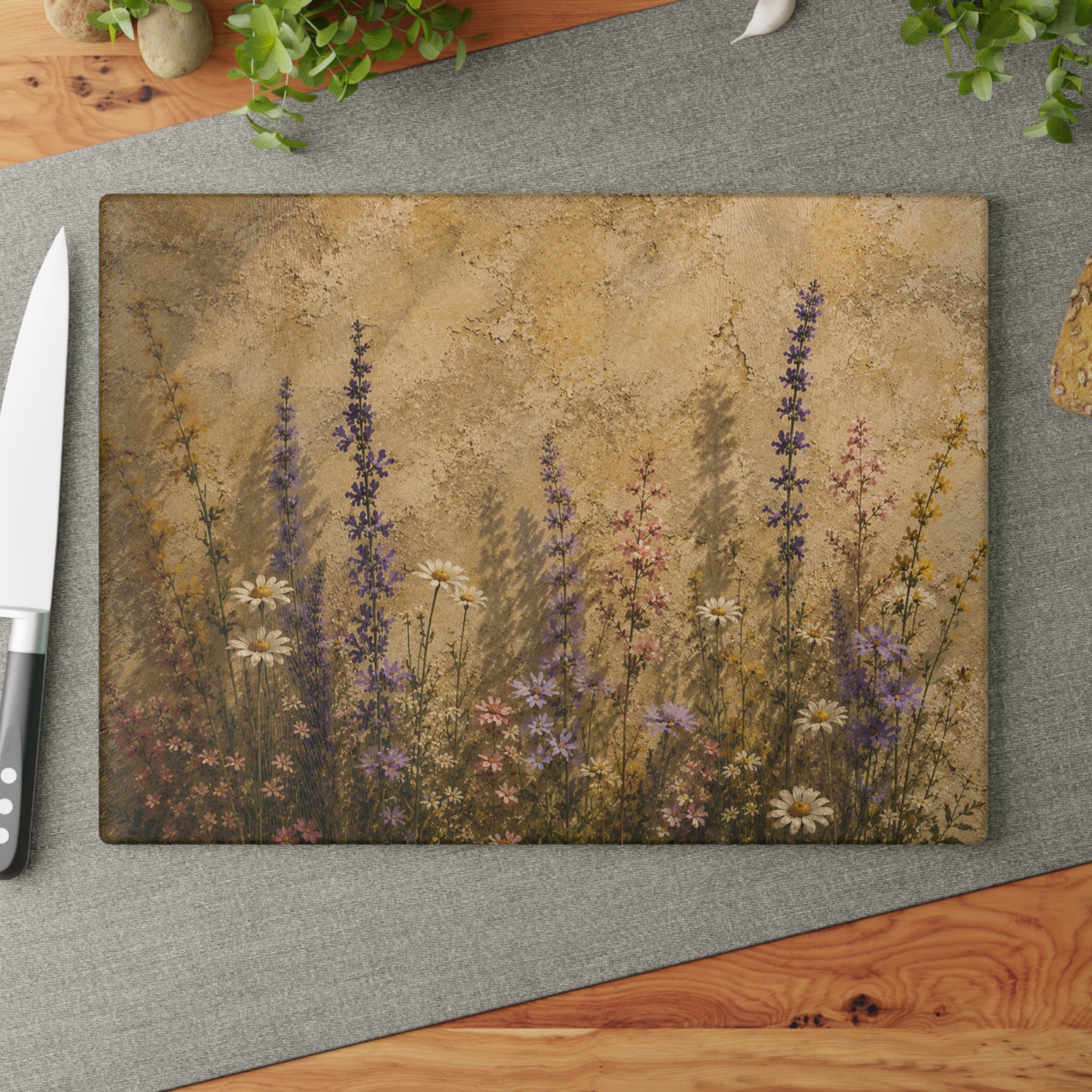 Lavender Wildflower Glass Cheese Board — Cottage Kitchen Gift for Her