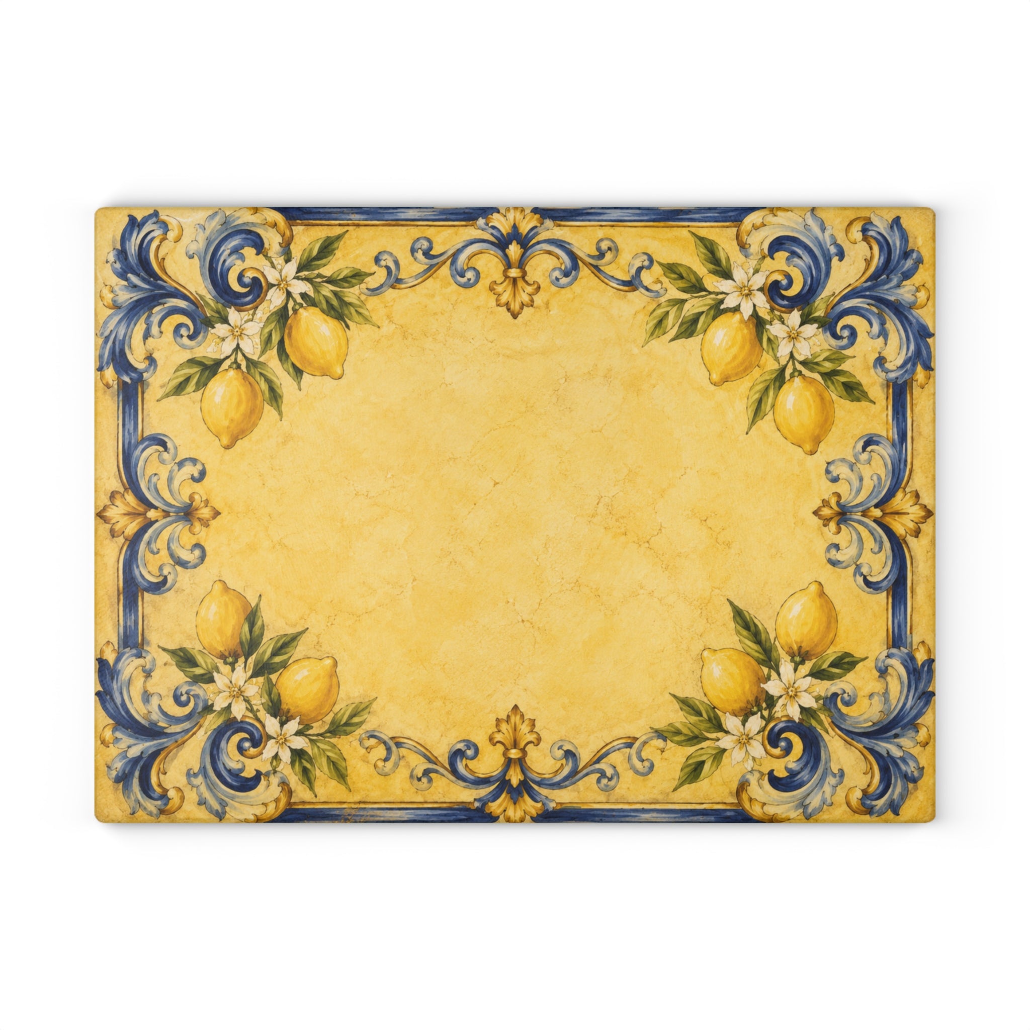 Italian blue and gold glass charcuterie board styled on marble counter with wine and lemons