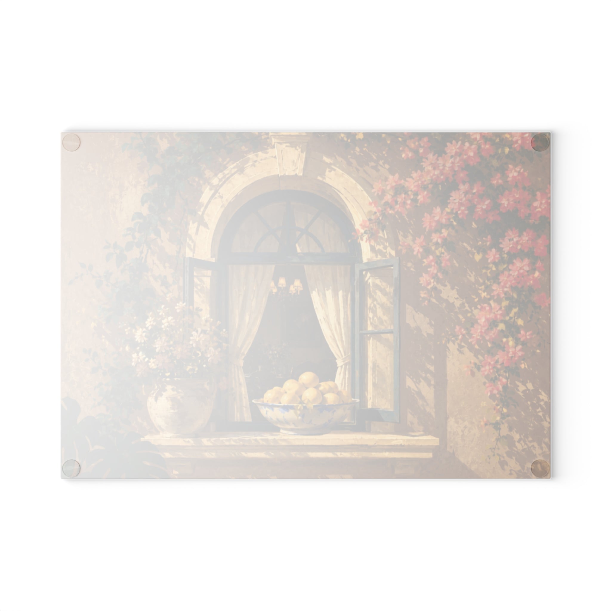 Mediterranean Window Glass Serving Board — Amalfi Lemon & Bougainvillea Kitchen Decor