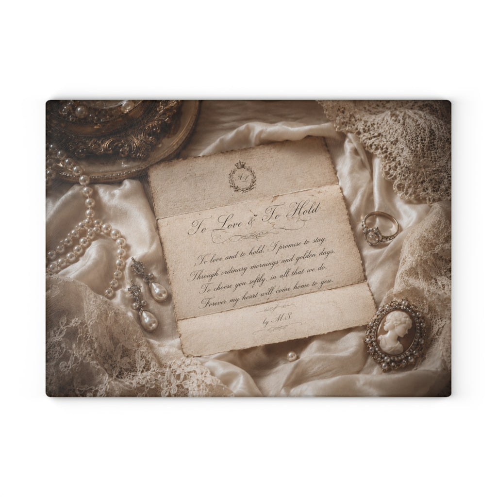 Romantic wedding vow keepsake on aged paper with pearl and lace styling — bridal shower gift