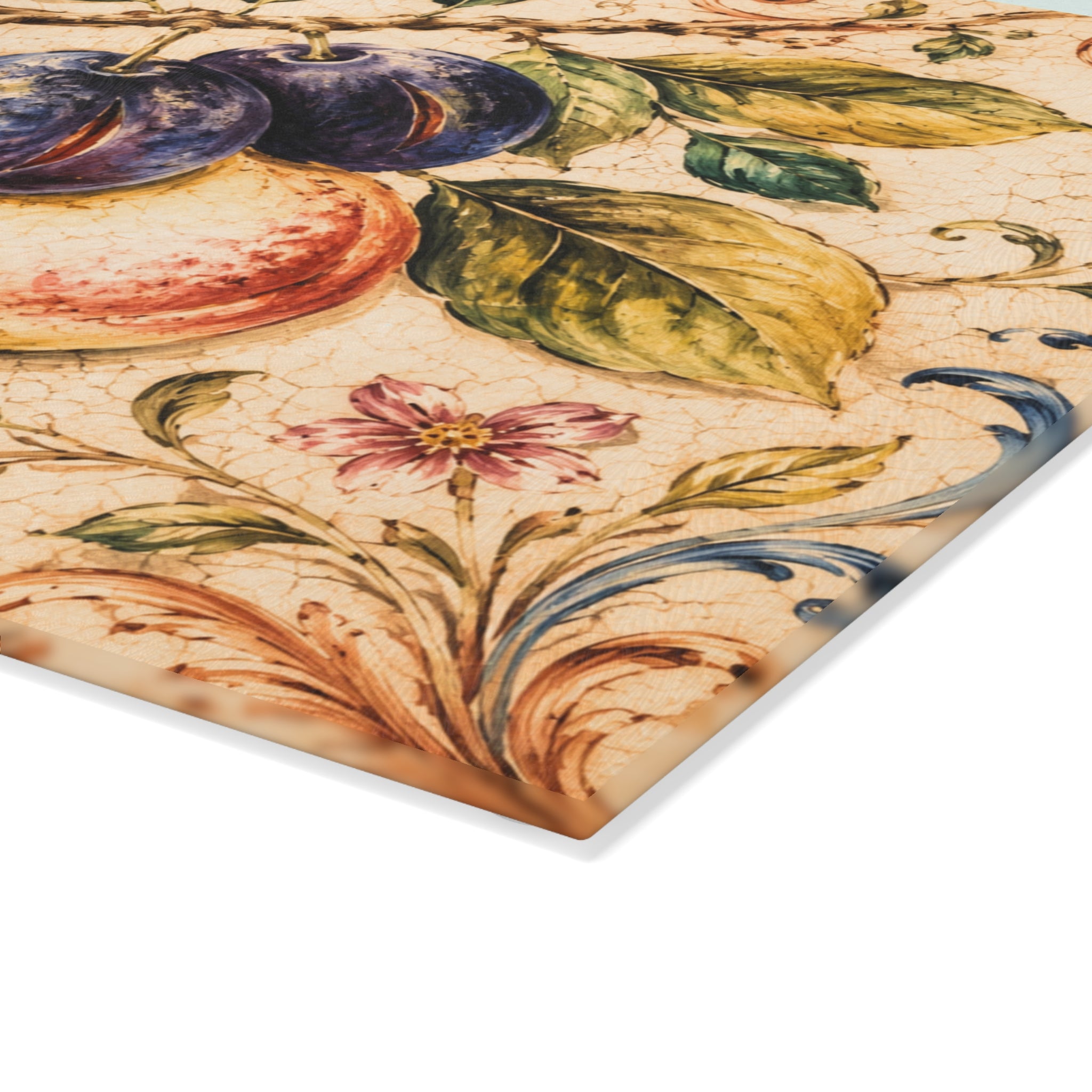 Closeup of vintage majolica plum and botanical artwork permanently fired on glass serving board