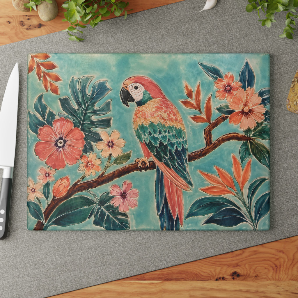Tropical Parrot Glass Serving Board