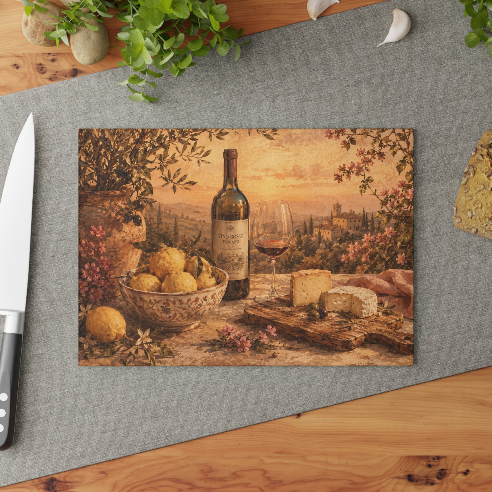 Tuscan Vineyard Glass Serving Board — Italian Wine & Cheese Charcuterie Tray
