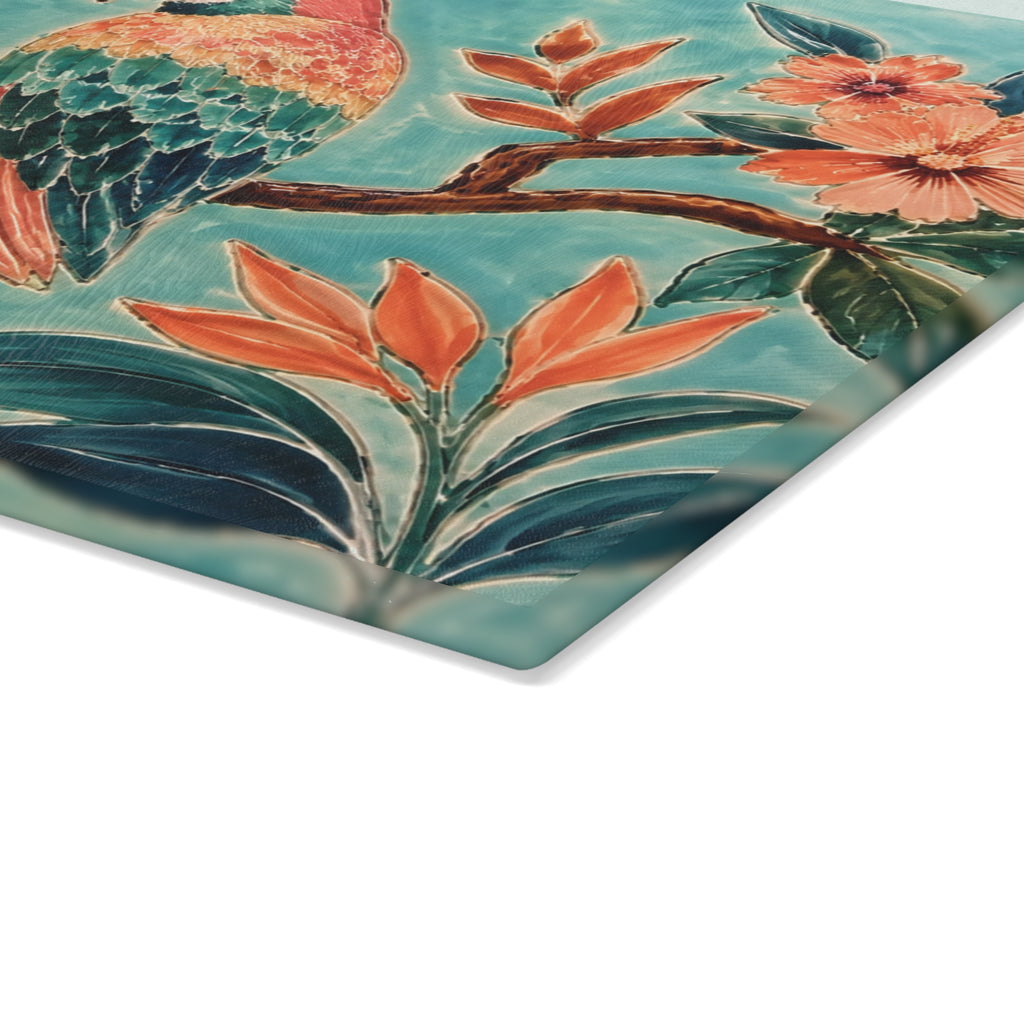 Tropical Parrot Glass Serving Board