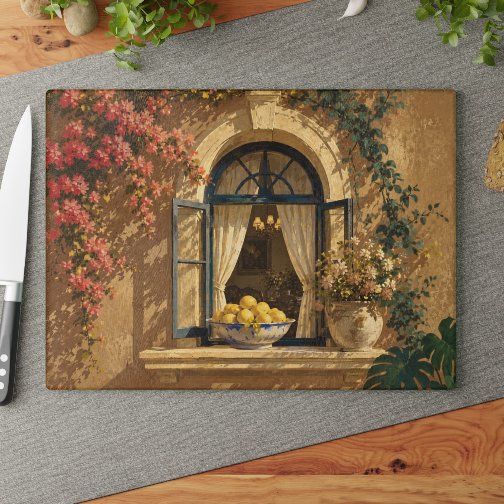 Mediterranean Window Glass Serving Board — Amalfi Lemon & Bougainvillea Kitchen Decor