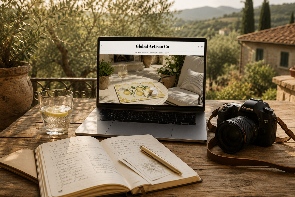 Warm Mediterranean founder workspace with laptop displaying the Global Artisan Co homepage, glass of lemon water, Canon camera, open journal, and pen on a rustic wooden table overlooking an olive grove.